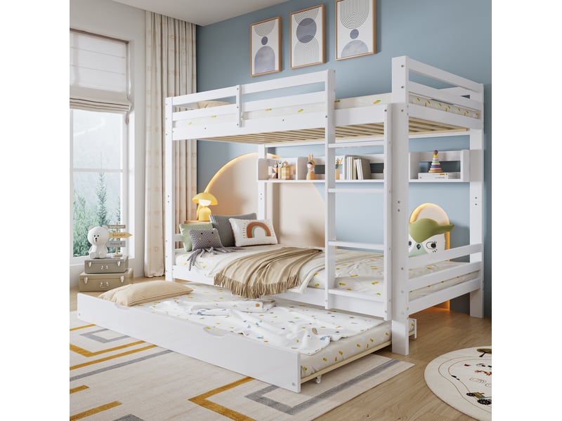  Lit superposé enfant avec lit gigogne à roulettes, étagère de 2 m, échelle 4 marches, en bois blanc 90×200 cm  - Conforama B