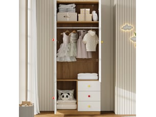 Armoire enfant modenvie 2 portes avec 3 tiroirs, penderie et étagères 80 x 50 x 200 cm, mdf blanc laqué