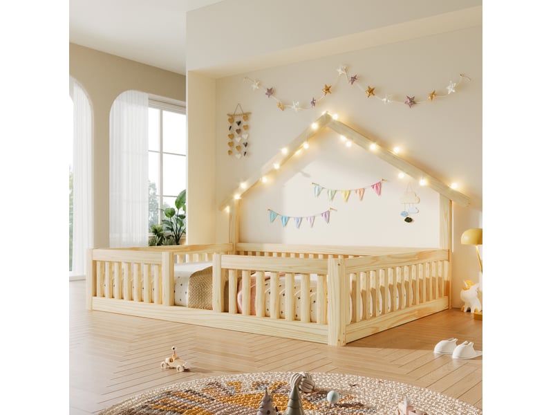  Lit cabane 140x200 cm en pin naturel avec led et barrière  - Conforama D
