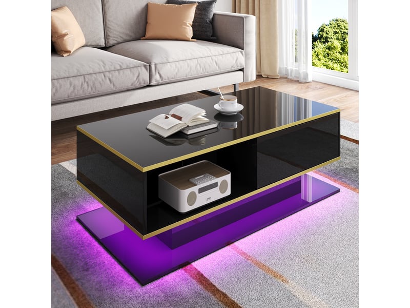 Table basse 100x50x40 cm avec éclairage led usb, 3 tiroirs et niche ouverte, panneaux de particules, noir et doré ABC - Conforama B
