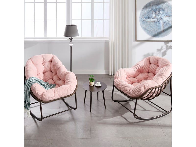  Fauteuil à bascule extérieur en résine tressée rose, structure acier, coussin rembourré pour se détendre  - Conforama E