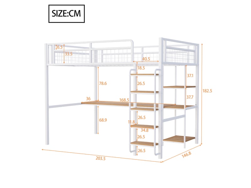  Lit mezzanine enfant 140x200 cm avec table, étagère, garde-corps, escalier, sommier, métal blanc, sans matelas  - Conforama C