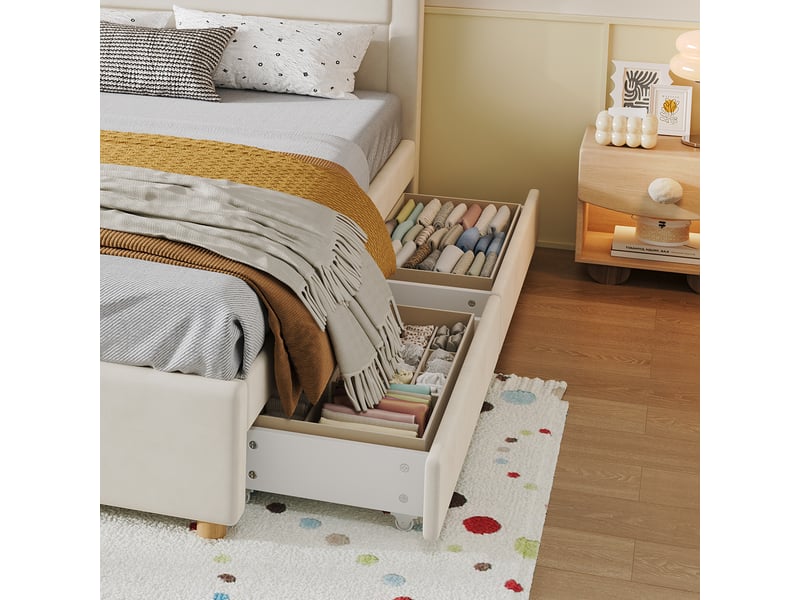  Lit enfant rembourré avec tête de lit maison - 140x200cm - 4 tiroirs latéraux et revêtement en velours - avec sommier à lattes - beige  - Conforama E