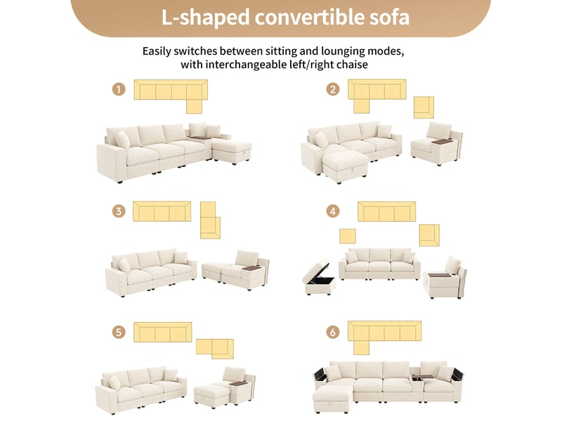 Canapé d'angle modulable 5 places en chenille beige, avec pouf de rangement, table pivotante et ports usb, idéal pour grand salon.  - Conforama D