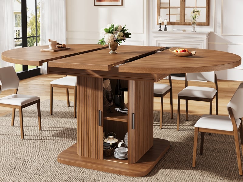  Table de salle à manger extensible avec espace de rangement (110–149,8 cm), portes coulissantes et étagère amovible, noyer  - Conforama B