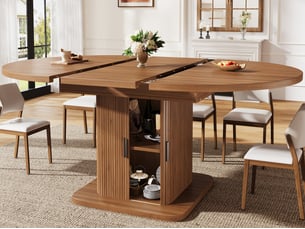 Table de salle à manger extensible avec espace de rangement (110–149,8 cm), portes coulissantes et étagère amovible, noyer