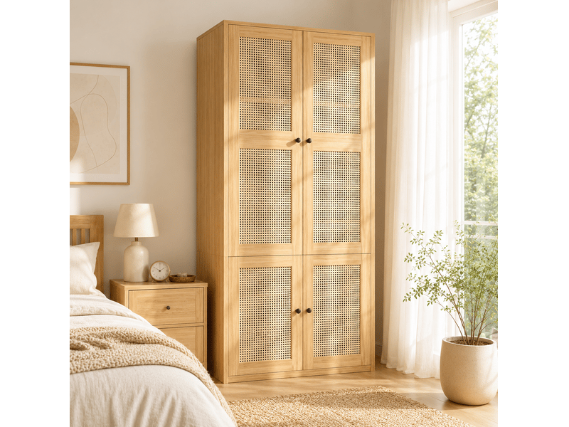  Armoire 90x47x200 cm à portes battantes, portes en rotin, 1 barre de penderie, 3 tiroirs, mdf, bois clair, dressing  - Conforama E