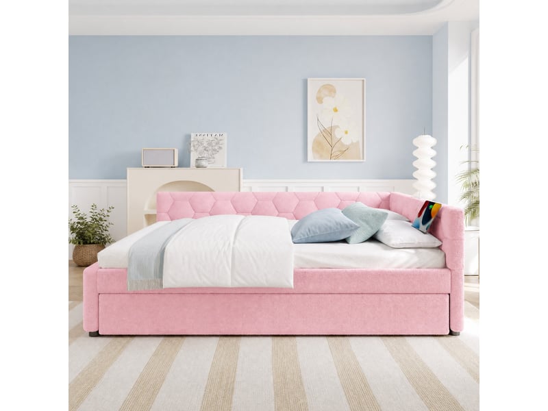  Lit gigogne 140x200 cm avec lampe de chevet et ports usb, rose  - Conforama C