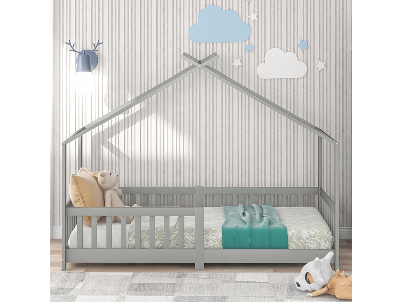 Lit cabane enfant simple 90×200 cm avec barrières - sans matelas, pin massif - gris clair - Conforama B
