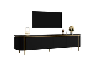 Buffet tv mdf 6 portes, pieds en fer, extrémités arrondies, façades rainurées, passage câbles — meuble salon
