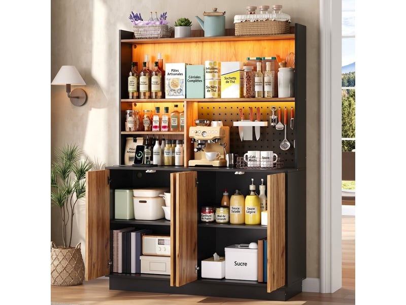 Meuble de cuisine avec éclairage led et prises, armoire de rangement haute à 4 portes, 120 cm, noir - Conforama E