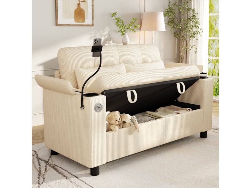  Canapé 2 places avec rangement, usb et type-c en velours côtelé beige  - Conforama B