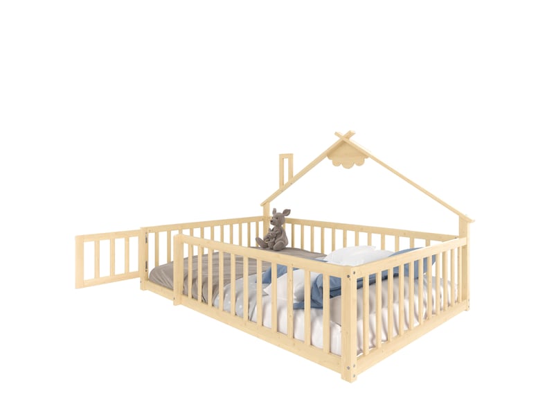 Lit enfant cabane 140x190 cm avec barrières verrouillables, pin et mdf naturel - Conforama A