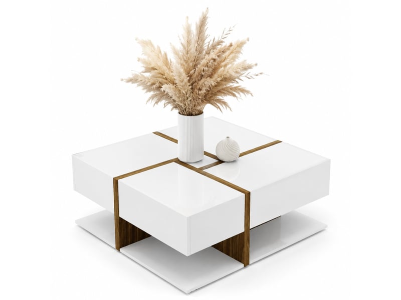  Table basse 78x78x34,8 cm 4 tiroirs brillante panneau de particules blanc et couleur bois  - Conforama B