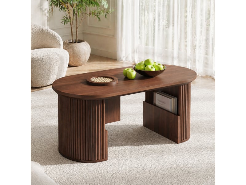  Table basse ovale avec niches et rangements ouverts, finition noyer texturée, pour salon, en mdf, 105 × 50 × 46,5 cm  - Conforama D