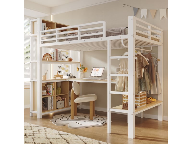  Lit mezzanine enfant 90x200 cm, bureau intégré, penderie, étagères et compartiments, barrière de sécurité, métal blanc Radiant Stride - Conforama B