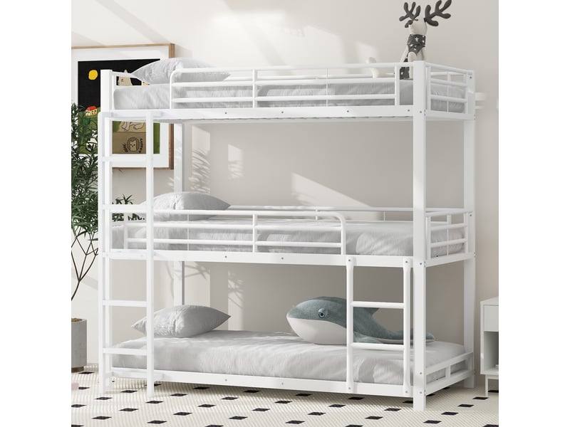 Lit superposé triple 90x200 cm, 3 couchages, échelle et barrières de sécurité, structure métal, blanc OMNIGLINT TRADING LTD - Conforama E