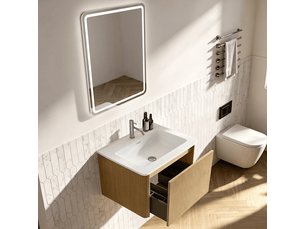 Ensemble meuble de salle de bain 60 cm suspendu avec miroir led anti-buée et lavabo intégré chêne