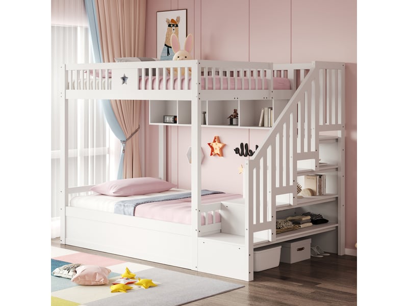  Lit superposé enfant 4 places 140x200 cm avec rangement hydraulique sous lit, escalier de rangement, étagères, garde-corps, pin massif blanc  - Conforama C