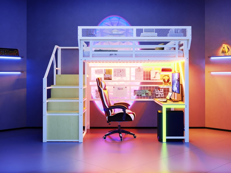  Lit mezzanine métal 140 x 200 cm - bureau, étagères et filets de rangement - échelle sécurisée, éclairage led et prise intégrée - finition laquée blanche  - Conforama W