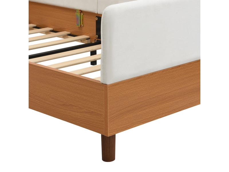  Lit enfant 90x200 cm velours blanc – rangements intégrés, structure renforcée, bord capitonné, sommier inclus  - Conforama E