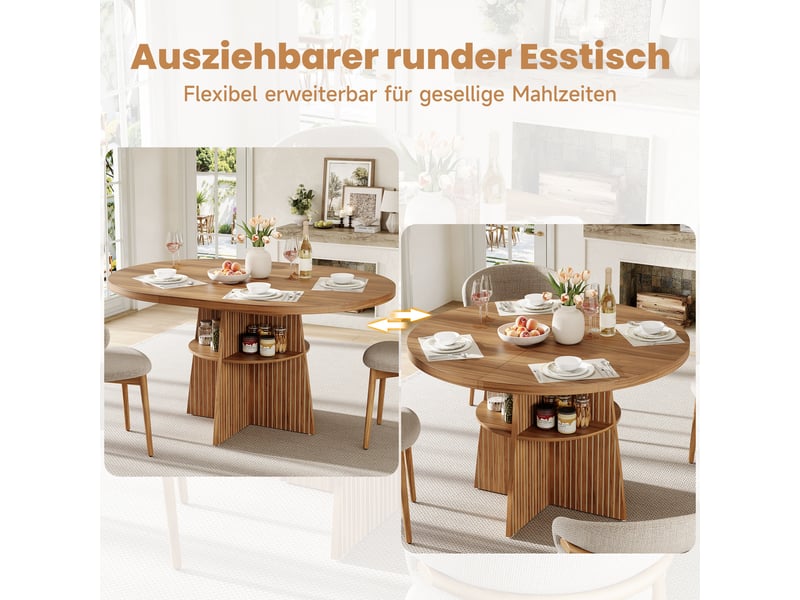  Table à manger ronde extensible - 110-150x110x77,5 cm walnuss et noyer - esstisch extensible avec rangement pour cuisine  - Conforama E