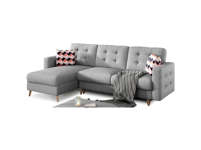 Canapé d'angle convertible hasgard 3 places gris 248x162 cm – coffre et pieds bois - Conforama C