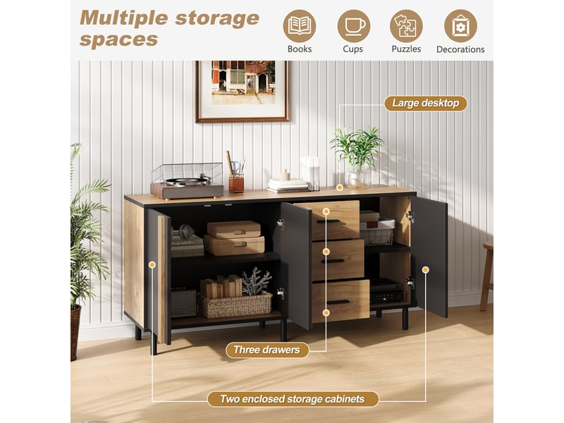  Buffet moderne 140 × 35 × 70 cm, 3 portes et 3 tiroirs, meuble en mdf noir et effet bois sur 6 pieds métalliques  - Conforama R