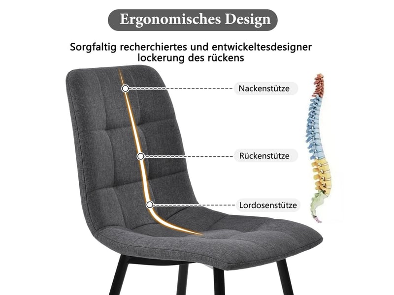  Ensemble table rectangulaire de 117 cm et 4 chaises de salle à manger, chaises en lin gris foncé, pieds noirs  - Conforama E