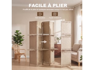 Séparateur de pièces 4 panneaux 2 pliables étagères naturel paille