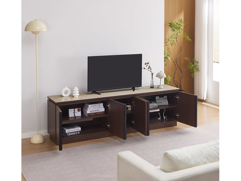  Meuble tv baieta mdf effet noyer plateau céramique travertin mat 200 cm  - Conforama D