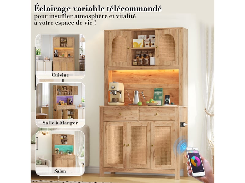  Meuble de cuisine muvano, buffet haut avec 5 portes et 2 tiroirs, éclairage led et prises intégrées  - Conforama B
