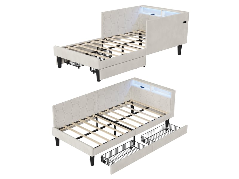Lit banquette 90x200 cm avec led rgb et usb chargeur, canapé-lit rembourré avec rangement et tête de lit capitonnée lit ado avec tiroirs et cadre de lit à lattes beige velours, sans matelas - Conforama A