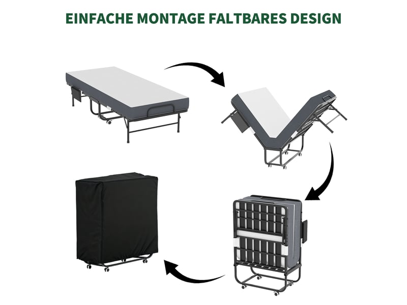 Lit pliant 190x78 cm avec matelas mémoire de forme 9,5 cm - lit d'appoint à roulettes en métal - Conforama E