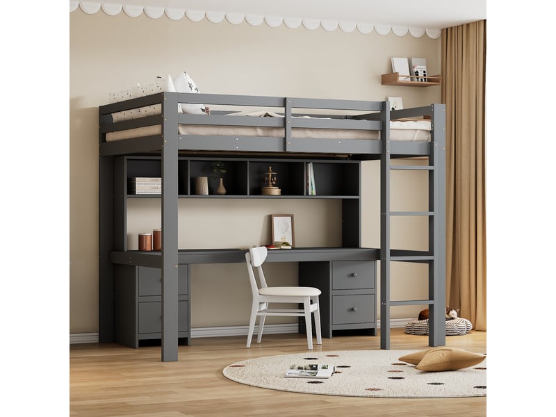 Lit mezzanine 90 × 200 cm 1 place avec bureau, 4 tiroirs et 4 étagères, sans matelas, en pin et mdf gris - Conforama C