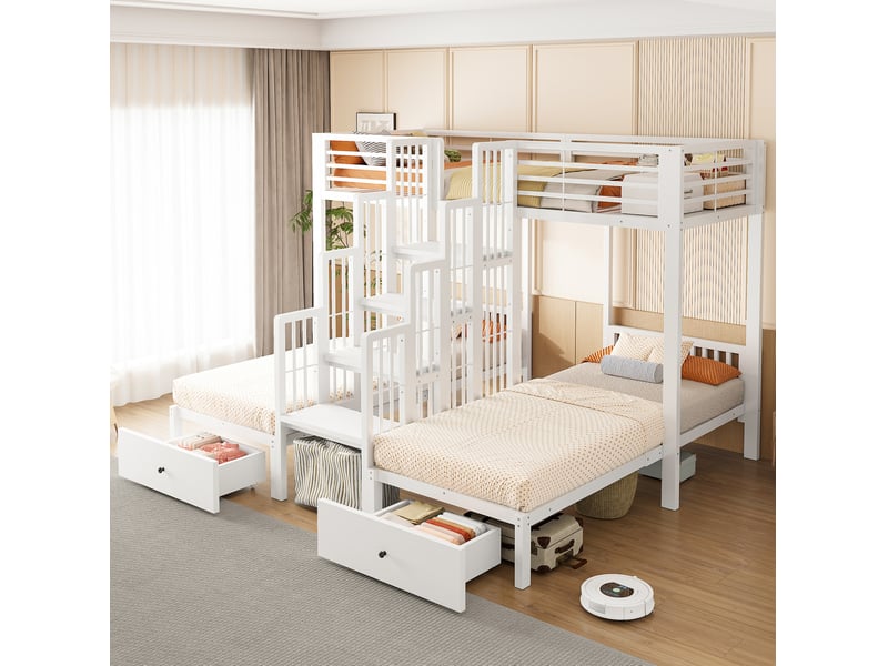 Lit superposé 3 places 90x200 cm avec escalier et tiroirs, blanc - Conforama E