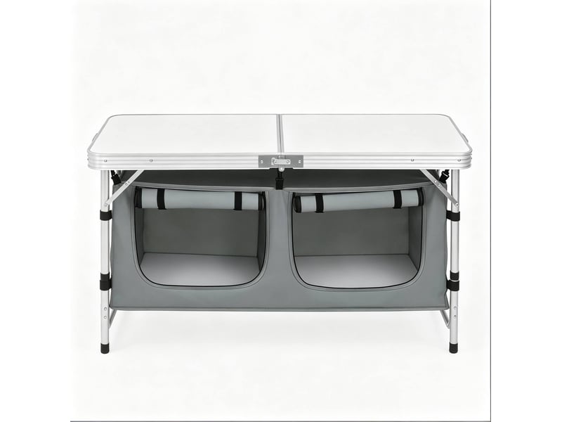 Table de camping ulevr pliante avec sac de rangement suspendu, 120 x 47 cm, hauteur réglable 62 ou 69,5 cm, aluminium et mdf, blanc et gris - Conforama E