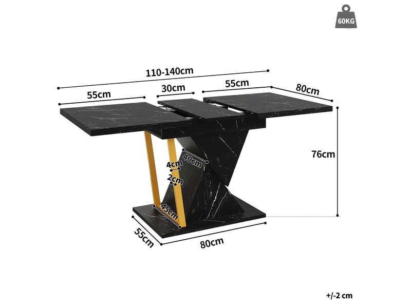  Table à manger extensible 110140x80x76 cm rallonge intégrée plateau effet marbre(matériau non marbré), mdf+métal, noir  - Conforama C