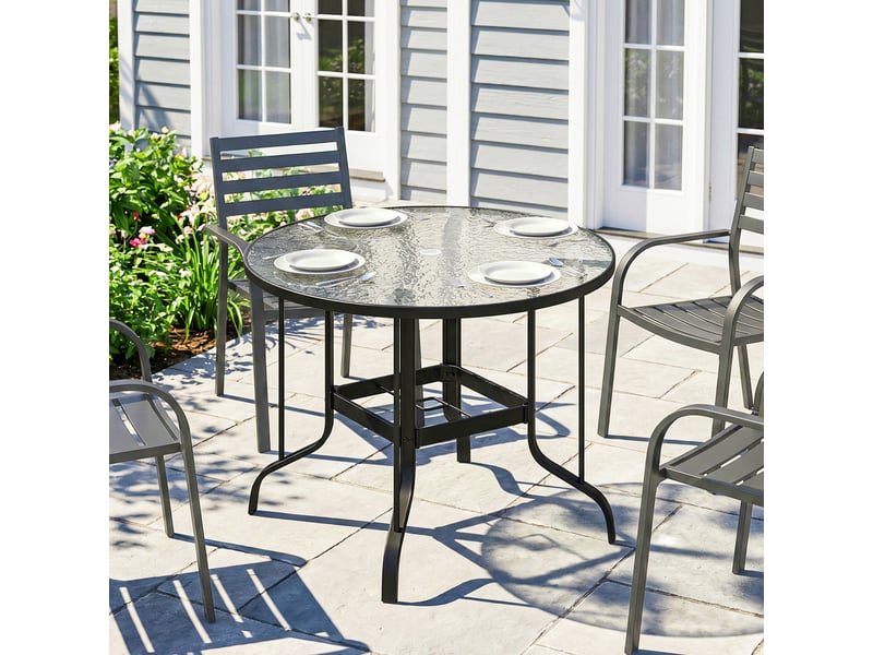 Table de jardin ronde avec trou pour parasol, métal et verre trempé, ø96,5 x 71 cm, noire - Conforama C