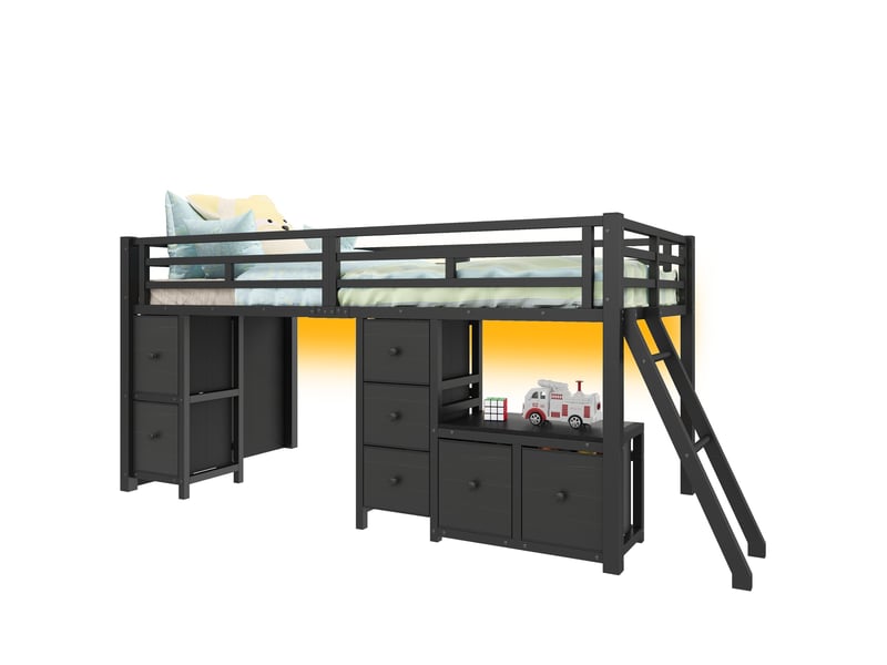 Lit mi-hauteur enfant 90x200 cm, 7 tiroirs tissu, led 7 couleurs, rangement, mdf et métal, noir sans matelas - Conforama A