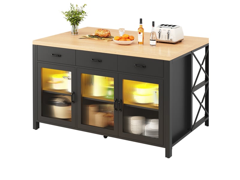 Îlot de cuisine 150x80x90 cm – noir et naturel – 3 tiroirs, portes vitrées, led intégrée, design industriel - Conforama A