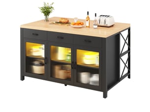 Îlot de cuisine 150x80x90 cm – noir et naturel – 3 tiroirs, portes vitrées, led intégrée, design industriel