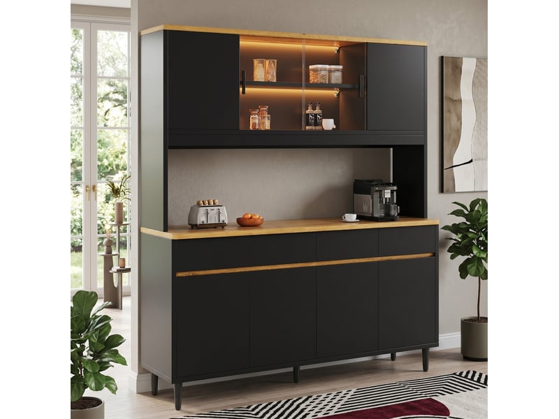  Buffet de cuisine 160x40x185 cm avec led et usb, 4 tiroirs et 8 portes, coloris noir et chêne  - Conforama B