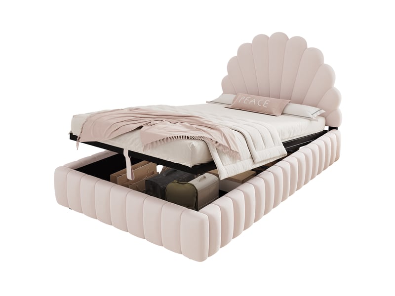  Lit simple enfant 90x200 cm rembourré avec coffre hydraulique, grand rangement, sommier à lattes et tête pétale, velours, rose OMNIGLINT TRADING LTD - Conforama A