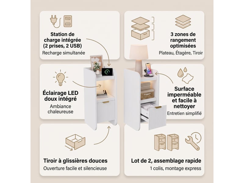 Lot de 2 tables de chevet 25x30x60cm, station de charge et led, 1 tiroir, bout de canapé en bois, style moderne, blanc - Conforama C