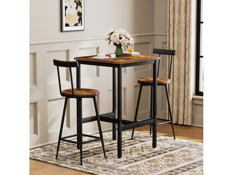  Ensemble table de bar 60x92 cm avec 2 tabourets, style industriel, pour salle à manger, salon, métal, aggloméré, marron  - Conforama B