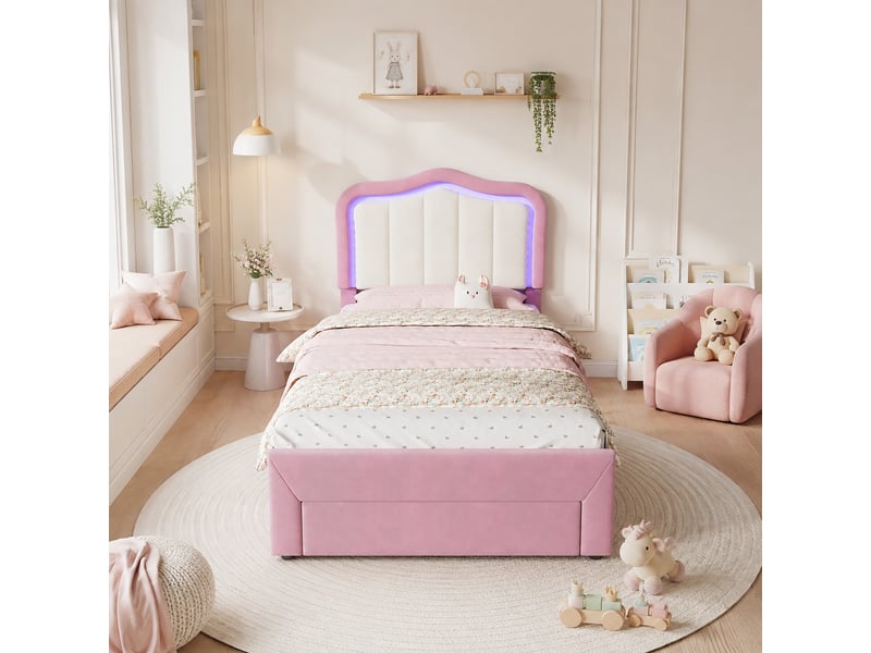  Lit capitonné enfant 90x200 cm lit fille lit simple rembourré en velours avec éclairage led tiroir de rangement, rose  - Conforama C