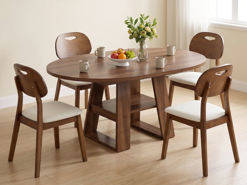 Ensemble de salle à manger moderne 4 à 6 personnes – table ronde extensible 110/150 x 110 cm avec étagères + 4 chaises rembourrées à dossier ovale – coloris noyer - Conforama B