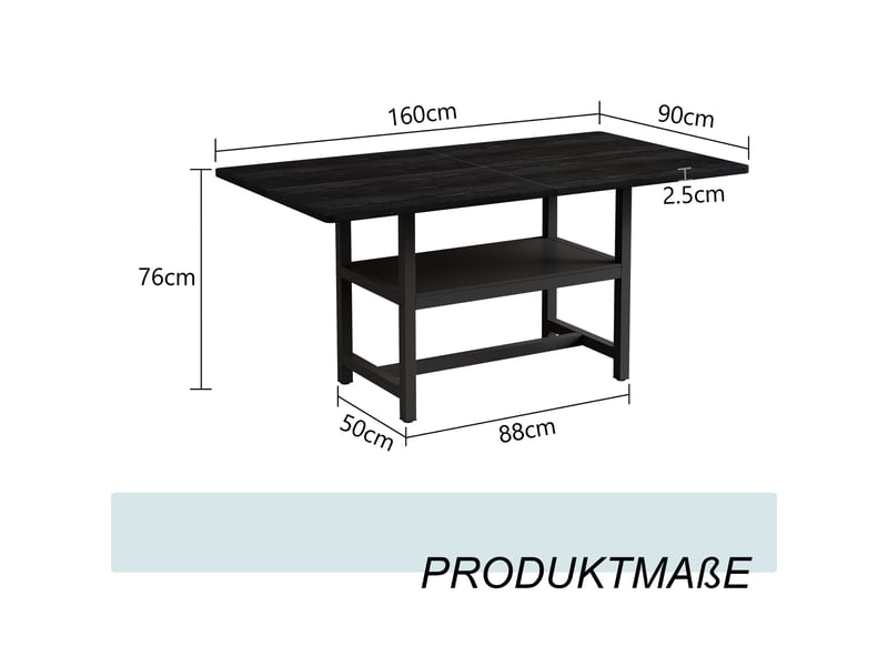  Table de salle à manger rectangulaire noire rayofi, 160x90x76 cm, 4-6 personnes, plateau mdf imitation bois noir, pieds métal avec étagère de rangement  - Conforama D