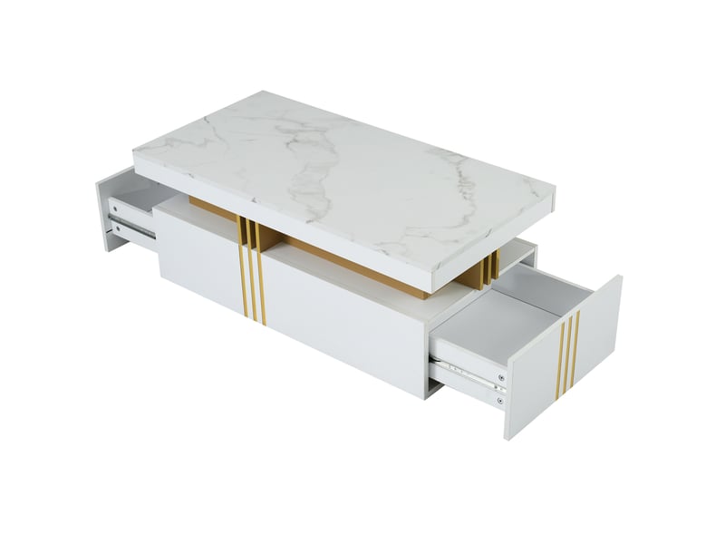 Table basse moderne rectangulaire blanc brillant avec 2 tiroirs, effet marbre, 100x50x40 cm - Conforama R